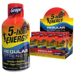 5 hour energy liquid shot extra strength in grape flavor individual and 12 count display shown