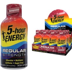 5 hour energy liquid shot regular strength in pomegranate flavor individual and 12 count display shown