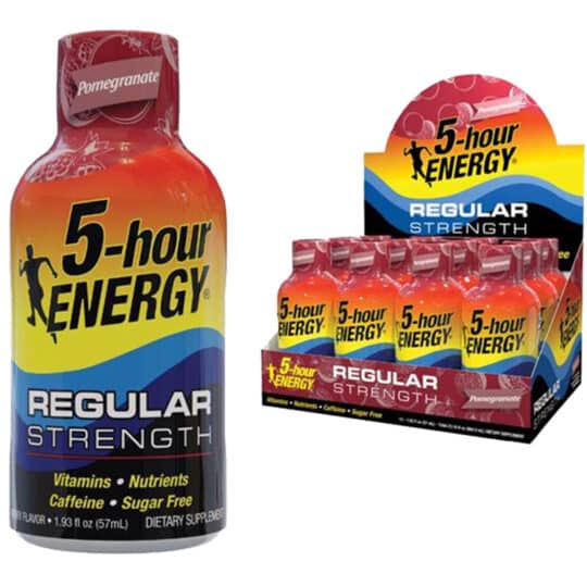 5 hour energy liquid shot regular strength in pomegranate flavor individual and 12 count display shown