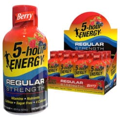 5 hour energy liquid shot extra strength in berry flavor individual and 12 count display shown