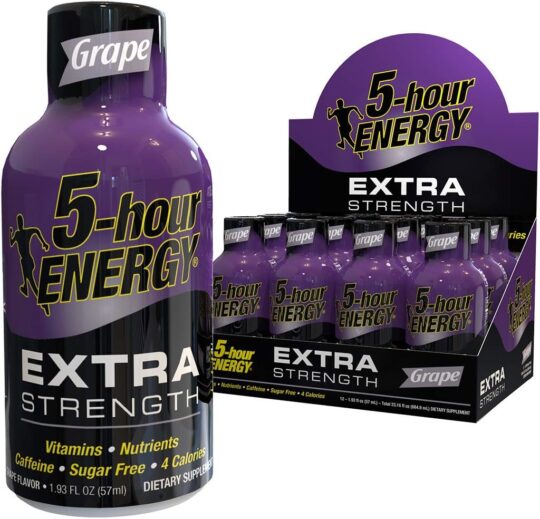 5 hour energy liquid shot extra strength in grape flavor individual and 12 count display