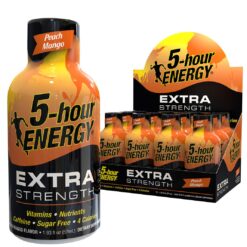 5 hour energy liquid shot extra strength in peach mango flavor individual and 12 count display shown