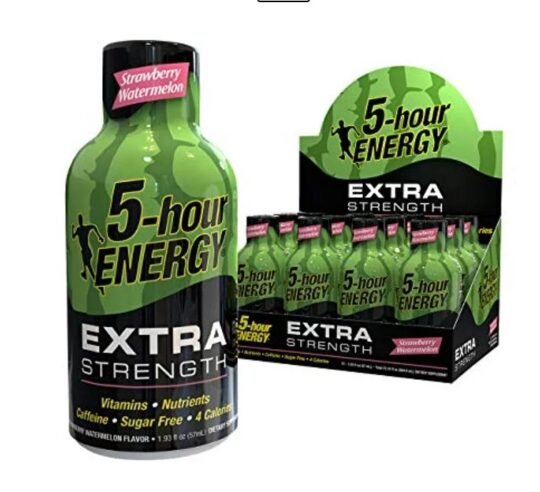 5 hour energy liquid shot extra strength in strawberry watermelon flavor individual and 12 count display