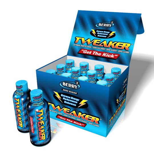 Tweaker Berry energy shot bottles in display box with 2 bottles in front of box.