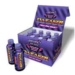 Tweaker Grape Energy Shots in colorful display box with 2 bottles in front of box.