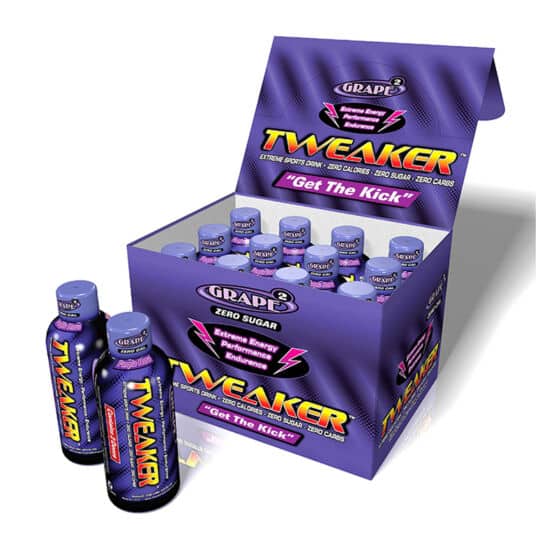 Tweaker Grape Energy Shots in colorful display box with 2 bottles in front of box.