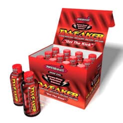 Tweaker Pomegranate Energy Shots in display box with 2 bottles in front.