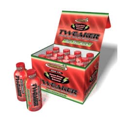 Tweaker Watermelon Energy Shots in display box with 2 bottles in front.