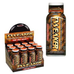 Tweaker Extra Strength Mango Peach Liquid Energy Shots display and single bottle.