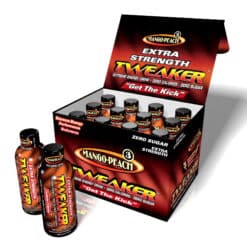 Tweaker Extra Strength Mango Peach Energy Shots in display box with 2 bottles in front.