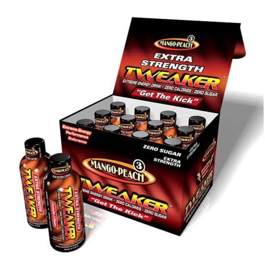 Tweaker Extra Strength Mango Peach Energy Shots in display box with 2 bottles in front.