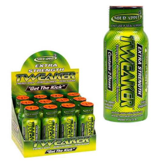 Tweaker Extra Strength Sour Apple Liquid Energy Shots display and single bottle.