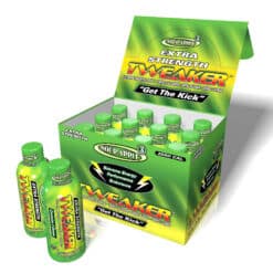 Tweaker Extra Strength Sour Apple energy shot bottles in display box with 2 bottles in front of box.