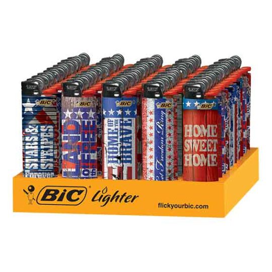 Bic Americana lighters in a variety of designs in a store display tray.