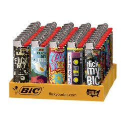 Bic 30-Year Anniversary Lighters in a variety of designs in a store display tray.