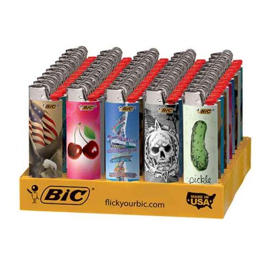 Bic favorites lighters in a variety of designs in store display tray.