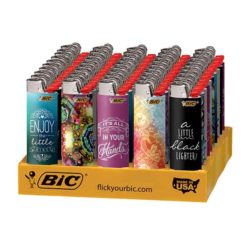 Bic fashion lighters in a variety of designs in store display tray.