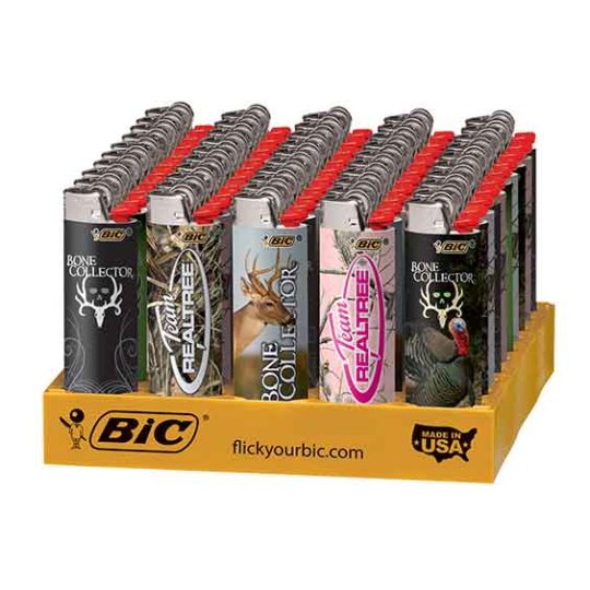 Bic Hunter lighters in a variety of designs in a store display tray.