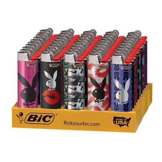 Bic Playboy lighters in a variety of designs in store display tray.