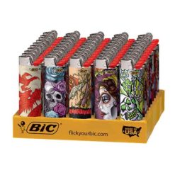 Bic Tattoo lighters in a variety of designs in a display tray.