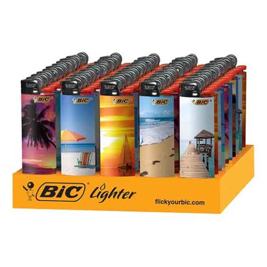 Bic Vacation lighters in a variety of designs in a display tray.