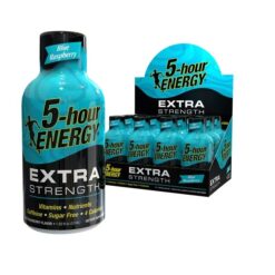 5 hour energy liquid shot extra strength in bue raspberry flavor individual and 12 count display shown
