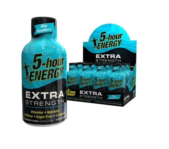 5 hour energy liquid shot extra strength in bue raspberry flavor individual and 12 count display shown