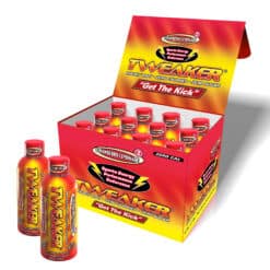 Tweaker Strawberry Lemonade Energy Shots in display box with 2 bottles in front.