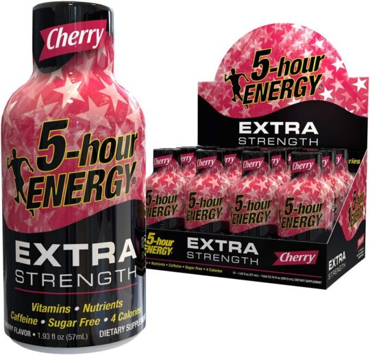 5 hour energy liquid shot extra strength in Cherry flavor individual and 12 count display