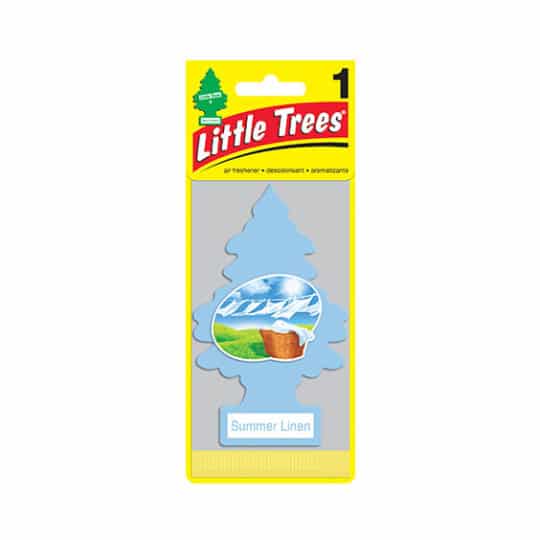 Summer Linen Little Trees Air Freshener offers the scent of sunny cotton, white peach, lavender, and coconut water.