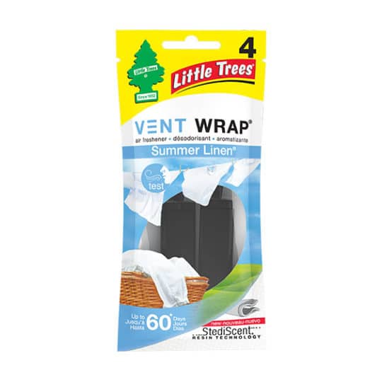 Little Tree Vent Wrap Summer Linen delivers a consistent, pleasant scent of sunny cotton, white peach, lavender, and coconut water.