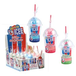 ICEE Dip-N-Lik Lollipop candy in 3 flavors of Blue Raspberry, Cherry and Watermelon. Dip the lollipop in the cup containing candy powder.