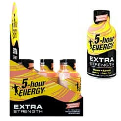 5 hour energy liquid shot extra strength in strawberry banana flavor individual and 12 count display shown