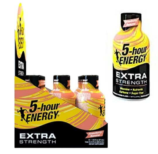 5 hour energy liquid shot extra strength in strawberry banana flavor individual and 12 count display shown