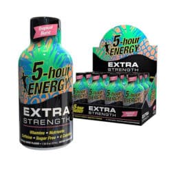 5 hour energy liquid shot in tropical burst flavor individual and 12 count display shown