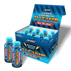 Tweaker Extra Strength Berry energy shot bottles in display box with 2 bottles in front of box.