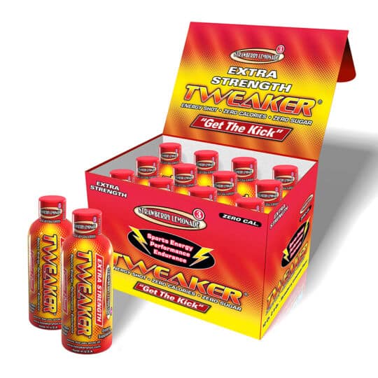 Tweaker Extra Strength Strawberry Lemonade Energy Shots in display box with 2 bottles in front.
