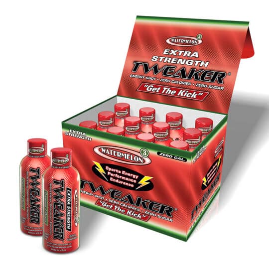 Tweaker Extra Strength Watermelon Energy Shots in display box with 2 bottles in front.