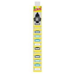 Little Tree Air Freshener Klip Strip includes a classic assortment of Black Ice, Vanillaroma, New Car, Strawberry, Royal Pine, and Leather.