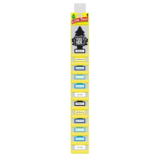 Little Tree Air Freshener Klip Strip includes a classic assortment of Black Ice, Vanillaroma, New Car, Strawberry, Royal Pine, and Leather.