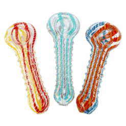 Three assorted colored glass pipes with spiral