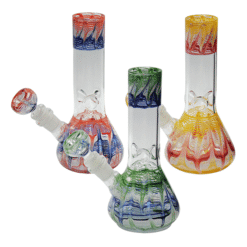 Three glass water pipes with multi-colored twisted wave designs