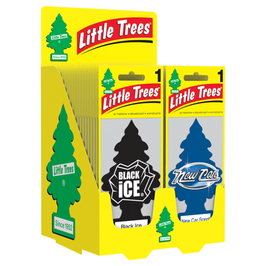Little Trees counter display features 24 New Car and 24 Black Ice fragrances