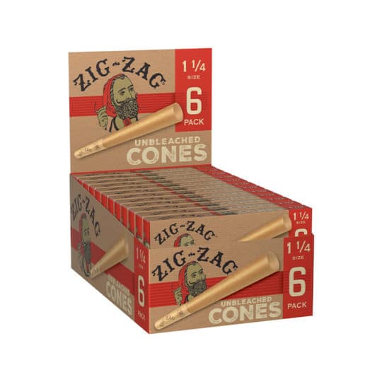 Zig Zag 1 1/4 Size Unbleached Paper Cones 6-Pack in counter display