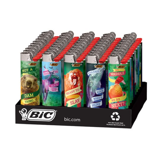 Bic Party Animal lighters in a variety of designs in a store display tray.