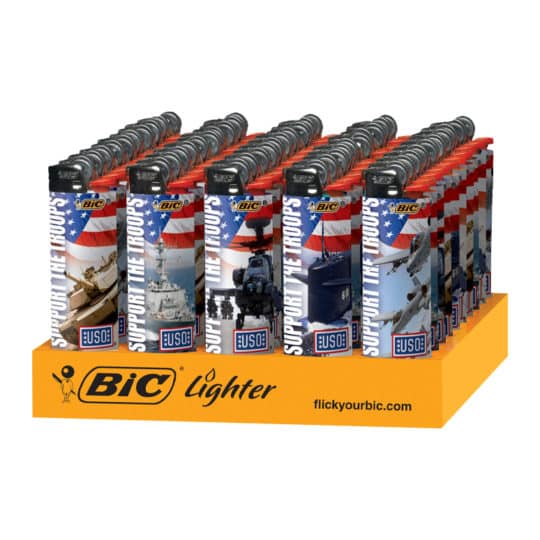 Bic lighter display tray with a variety of Support the Troops designs.