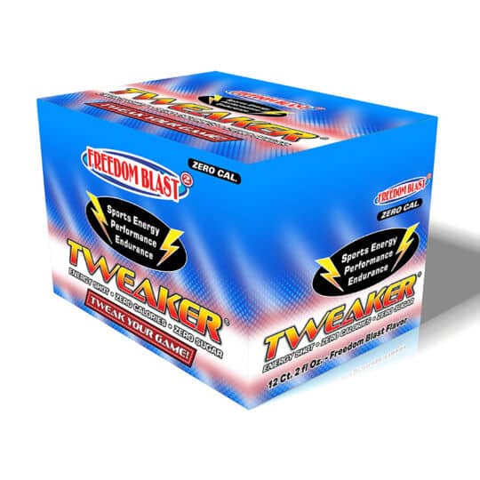 Tweaker Freedom Blast energy shot bottles in closed display box.