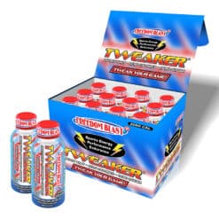 Tweaker Freedom Blast energy shot bottles in display box.