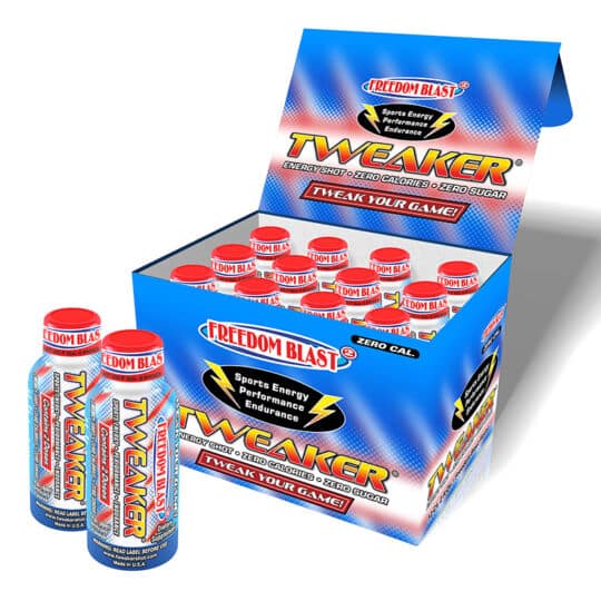 Tweaker Freedom Blast energy shot bottles in display box.