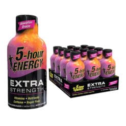 5 hour energy liquid shot extra strength in Hawaiian Breeze flavor individual and 12 count display shown